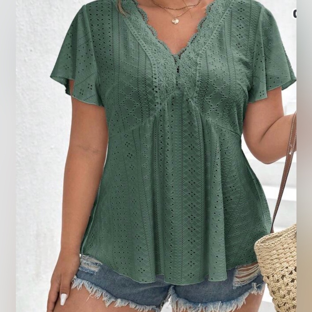 Women's mint green Eyelet V-Neck Lace Trim Top